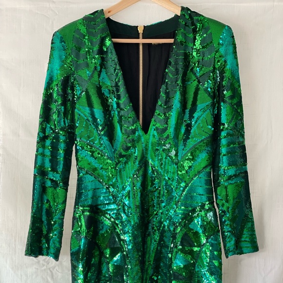 balmain green sequin mini dress Balmain Sequin Embroidered Mini Dress